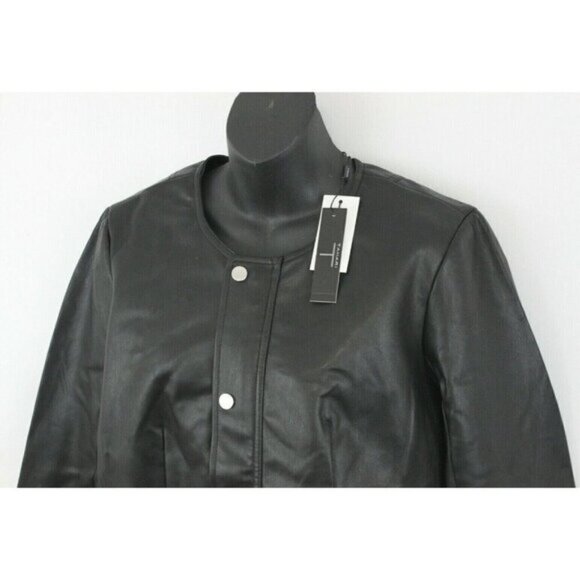 T Tahari Women Jacket Moto Fashion Snap Button Faux Leather Black Sz 10 - Picture 8 of 15